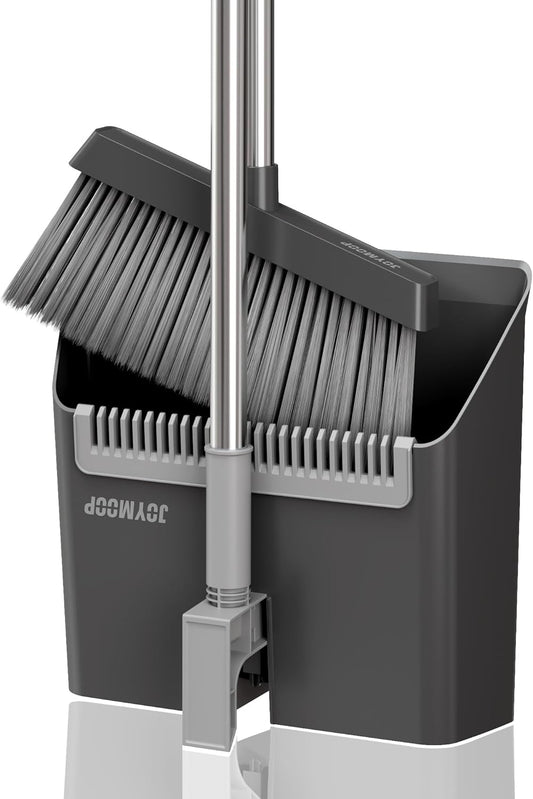 JOYMOOP Black Broom and Dustpan Set, Upright Angle Design with Built-in Comb Teeth for Home, Office, Hardwood Floors, Pet Hair