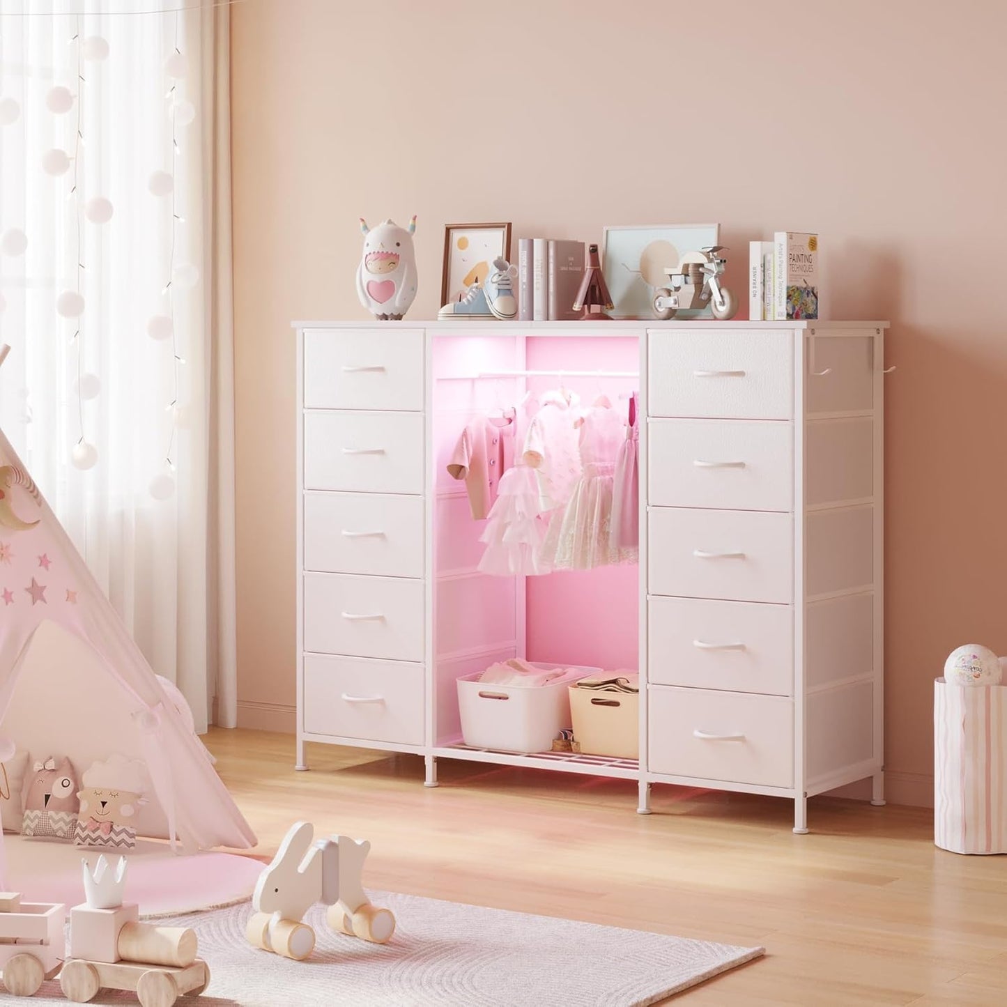 LUMTOK 55" W 2-in-1 Dresser with Hanging Rack, 10 Drawers Dresser for Bedroom, White Drawer Dressers with LED Lights, Charging Station and Hanging Racks for Bedroom