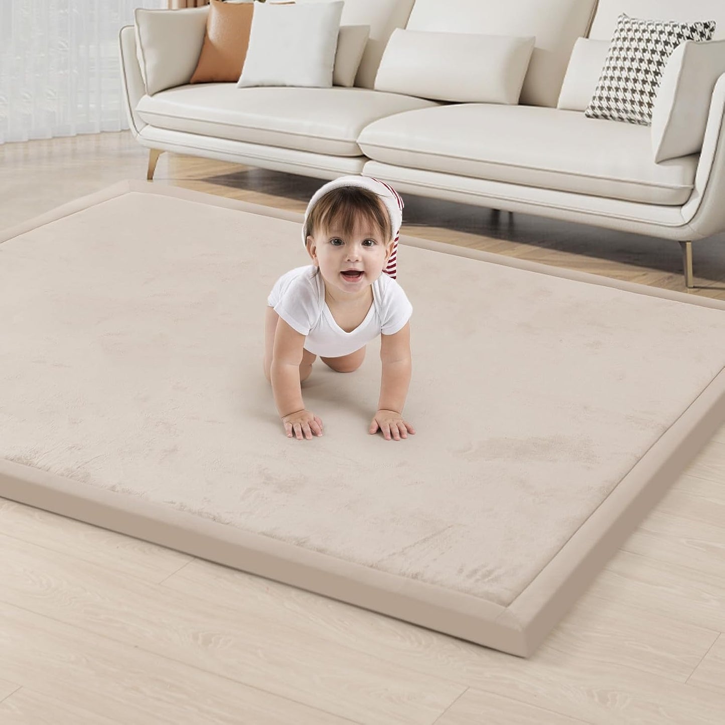 ACOMOPACK Baby Play Mat for Floor 1.3" Thick Memory Foam Play Mat 79"×157 Tummy Time Crawling with Non-Slip Bottom for Living Room,Nursery,Soft Velvet Playpen Mats for Kids,Infants（Beige）