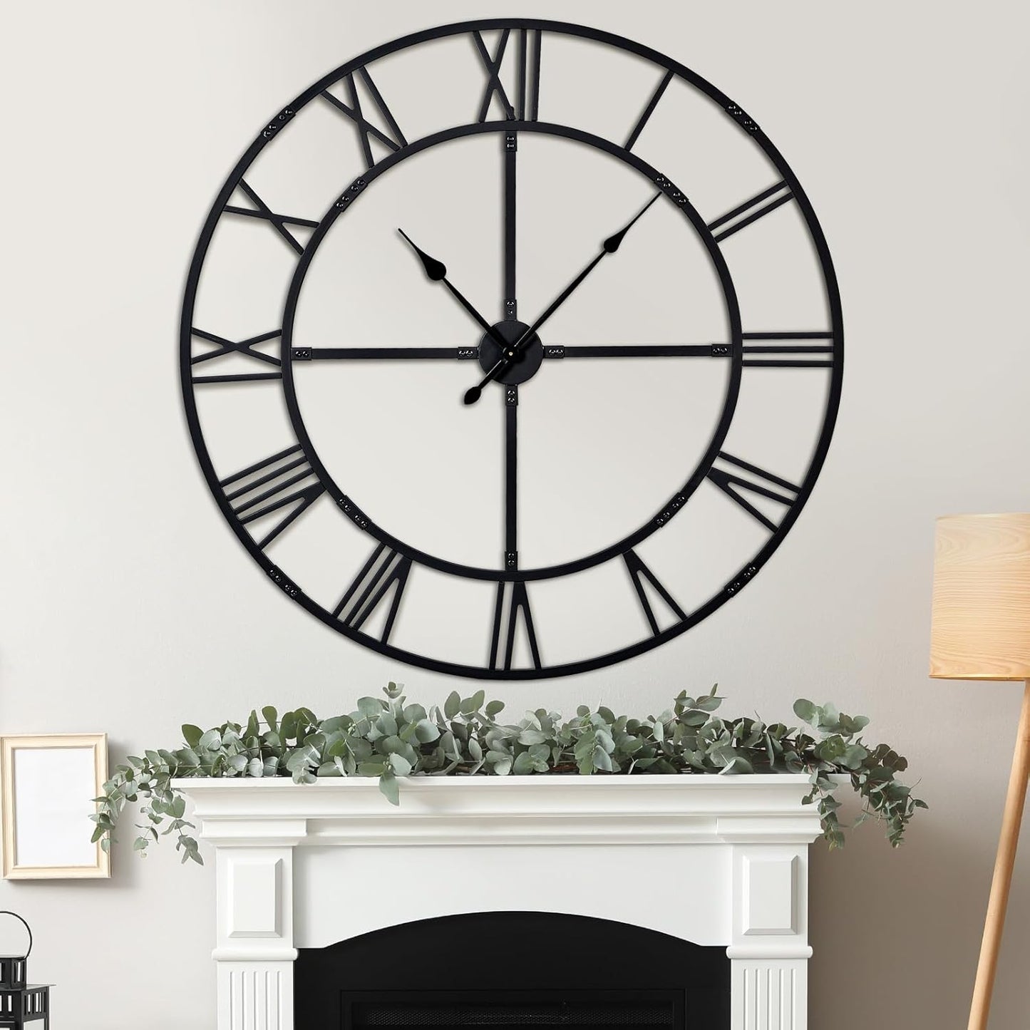Oversized 48 inch Wall Clock for Living Room Decor – Extra Large Silent Non-Ticking Modern Farmhouse Wall Clock, Decorative Metal Roman Numeral Clock, Black
