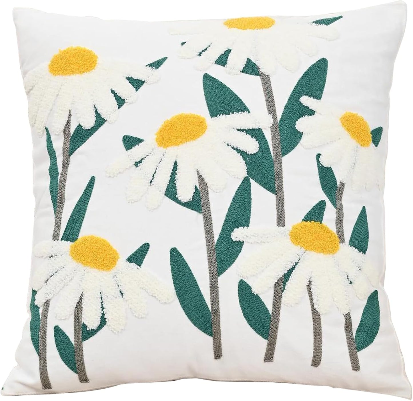 Embroidered Cushion Cover Wild Floral Throw Pillow Cover Jacquard Decorative Pillowcase for Living Bedroom Room Couch White Daisy