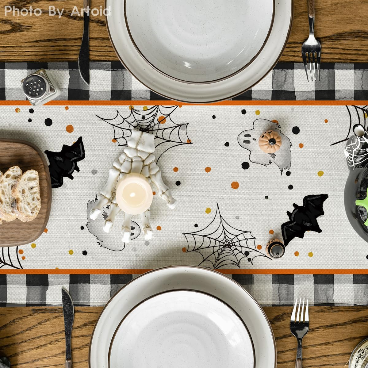 Artoid Mode Buffalo Plaid Gnome Bat Pumpkin Ghost Halloween Table Runner, Sensonal Kitchen Dining Table Decor for Home Party 13x36 Inch