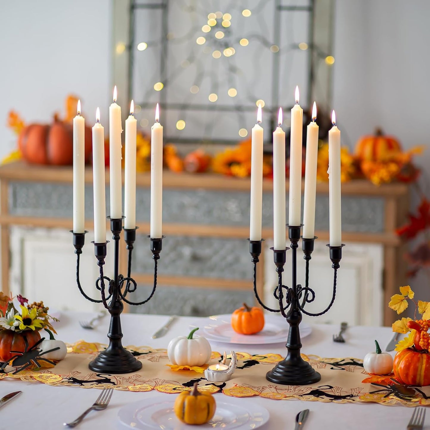 Sziqiqi Candelabra Black Candle Holders - 5 Arms Candlestick Centerpiece for Tables Vintage Candleholder Stand for Halloween Thanksgiving Decor