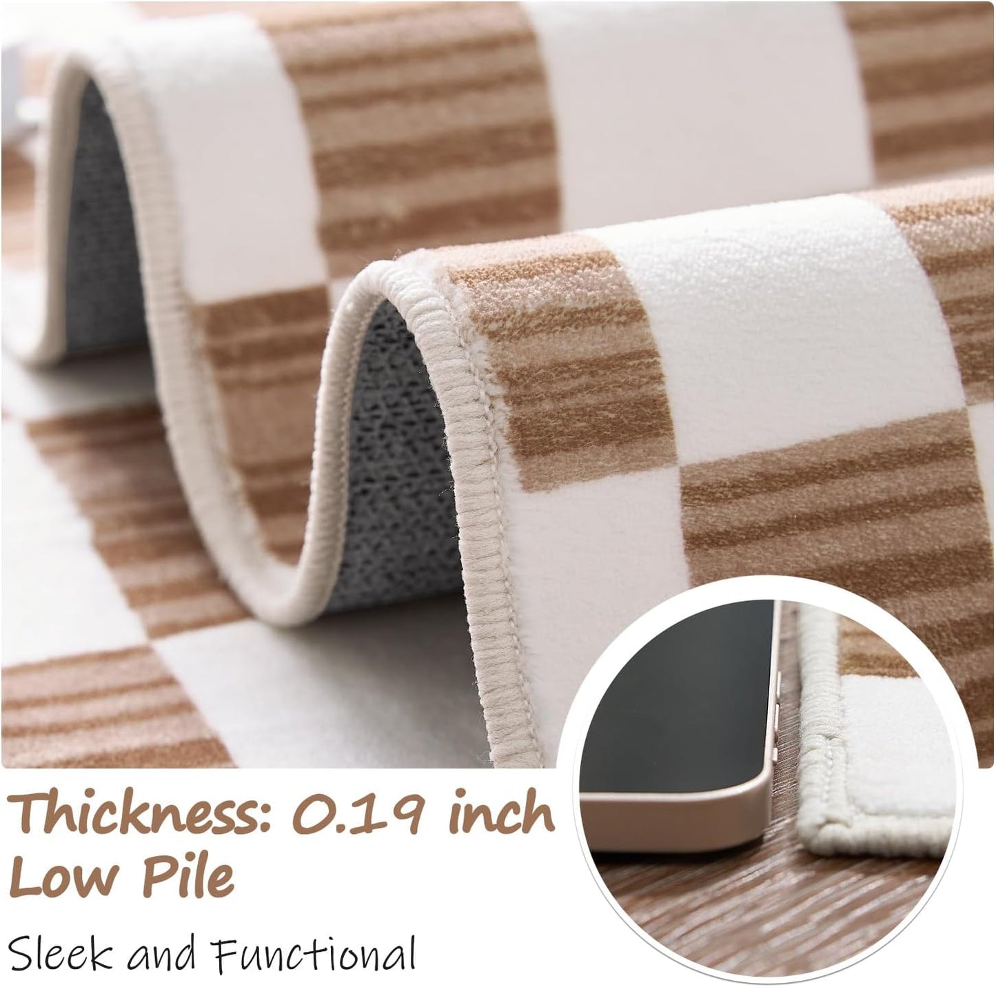 jinchan Runner Rug 2x6 Hallway Washable Modern Checkered Geometric Lattice Kids Bedroom Rug Indoor Floor Cover Non Slip Soft Carpet for Nursery Room Kitchen Laundry Room Home Brown