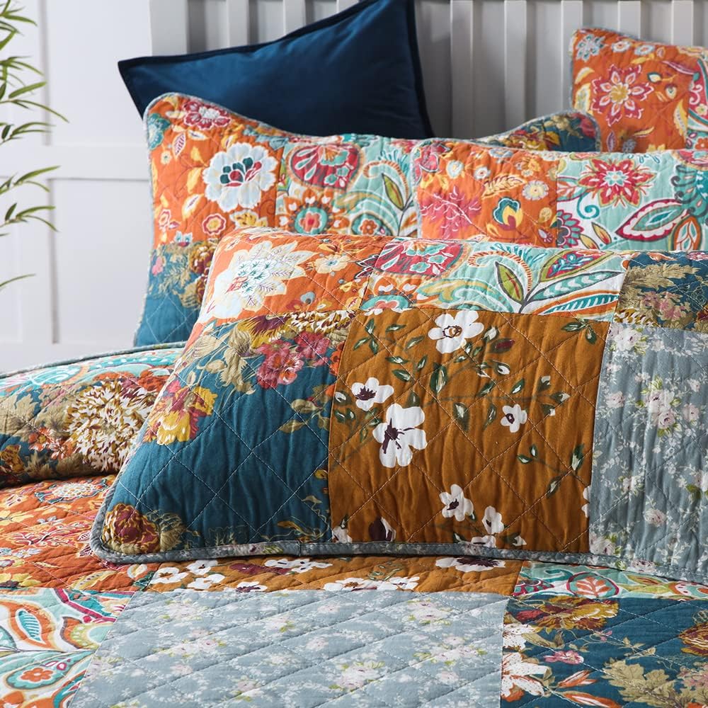 Autumn Dream Cotton Bedspread Quilt Sets Reversible Bedding Coverlet Sets Comforter, Paisley Floral Patchwork Yellow Grey Bedspread, King Size