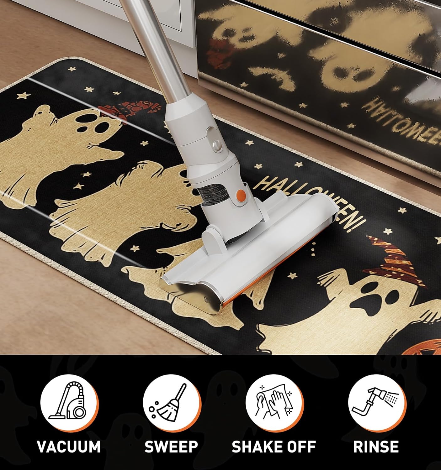 Halloween Kitchen Mat Set of 2, Pumpkin Ghost Bat Halloween Kitchen Decor, Halloween Rug for Floor, Indoor Spooky Home Decor with Non-Slip Backing,17 x 29 Inch & 17 x 47 Inch