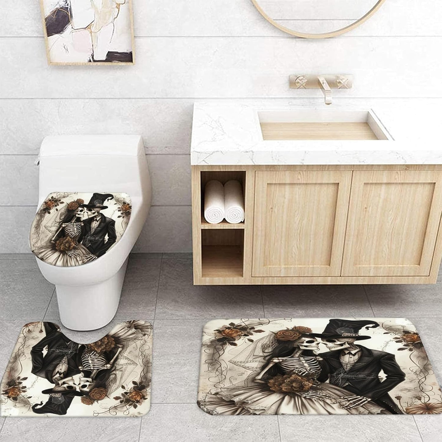 NEWSUYAA Halloween Decorations Shower Curtain Set with Non-Slip Rugs and Bath Mats,Black Skull Skeleton Bathtub Curtains with 12 Hooks,All Saints'Day (Nov 1st) Bathroom Decor