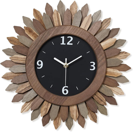 Honiway 14 Inch Wall Clock, Rustic Wood Boho Sunburst Decorative Wall Clocks Battery Operated Silent Non Ticking Farmhouse Small Wall Clocks for Living Room Kitchen Bedroom Home Decor (Tricolor)