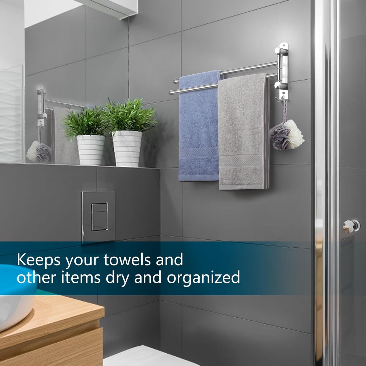 Bathroom Towel Holder JSVER 2 Arms SUS304 Stainless Steel Wall Mounted Towel Bar, Swivel Towel Racks for Bathroom, Kitchen