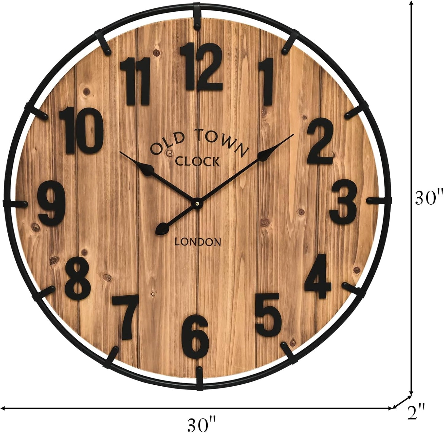 Large Old Town Farmhouse Wall Clock 30 Inches Rustic Antique Wood with Metal Circle and Large Numerals Silent Battery Operated Wall Clock for Office Kitchen Bedroom Living Room
