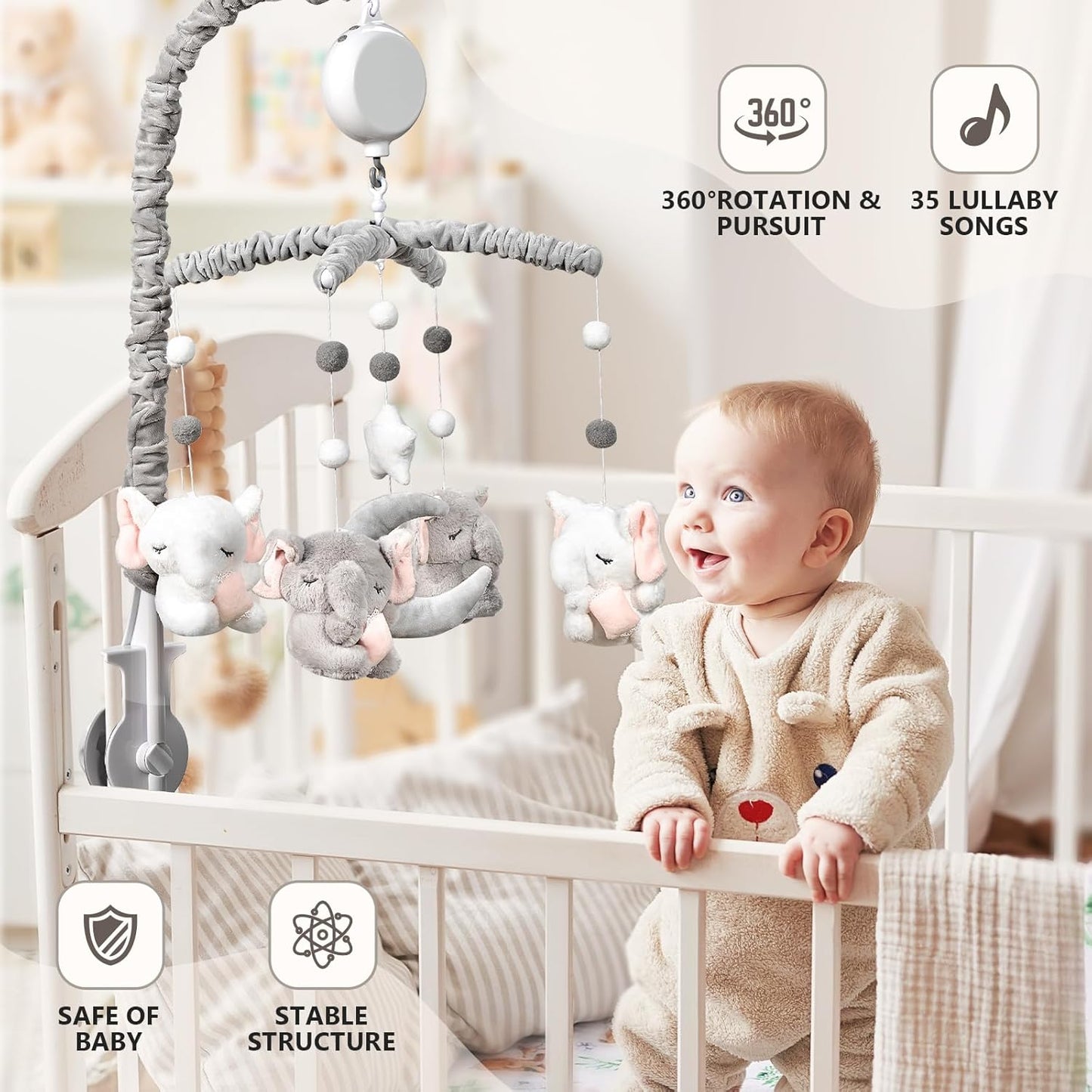 Baby Crib Mobile - Elephant Crib Mobile for Girls with 25 Inches Mobile Arm and 35 Lullabies Musical Box, 3 Modes Digital, Volume Control, Essential Gift for Infant Bedroom Hanging Decor