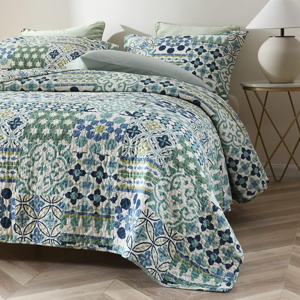 Cotton Bedspread Quilt Sets Reversible Coverlet Sets Comforters Vintage Bohemian Patchwork Bedspread (Green, Queen Size)