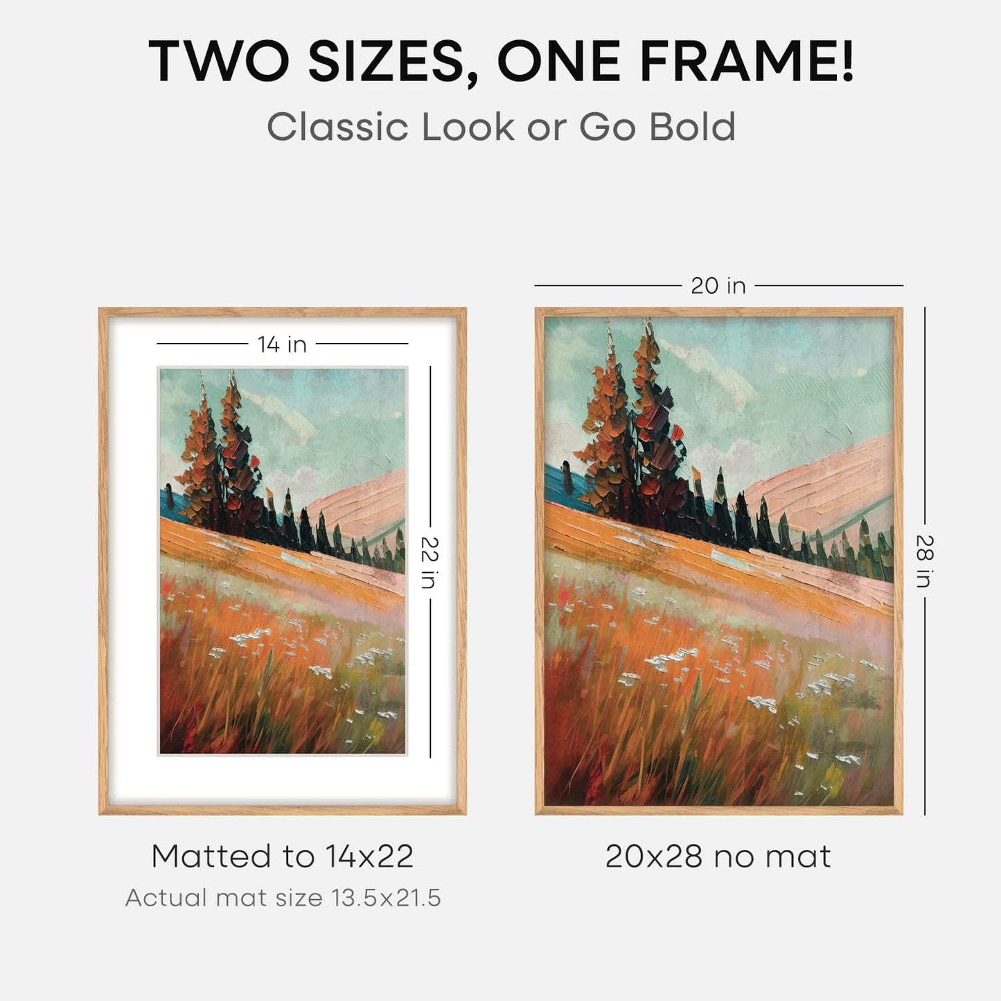 Homeforia 20x28 Picture Frame Wood, High End Natural Oak 20 x 28 Light Wooden Poster Frame with Mat 14 by 22, 20x28 Frames Matted to 14x22 Photo, 28by20 Thin Frames, Tempered Glass, Wall Kit, Set of 1