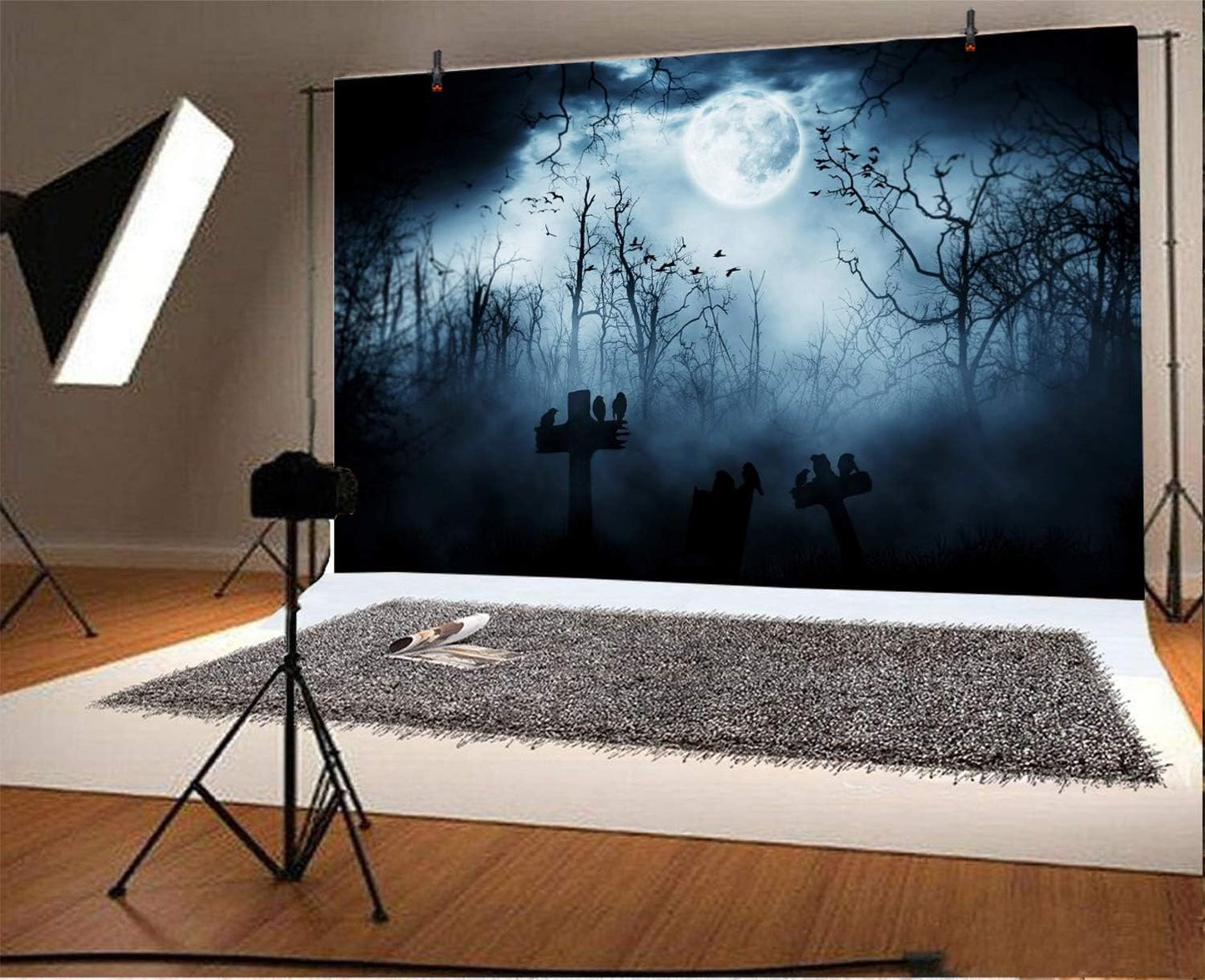 AOFOTO 5x3ft Moon Night Halloween Cemetery Photography Backdrop Flying Bats Birds Stand on Gravestone Cross Graveyard in Dark Forest Photo Background Cloth Vinyl Wallpaper Photo Studio Props