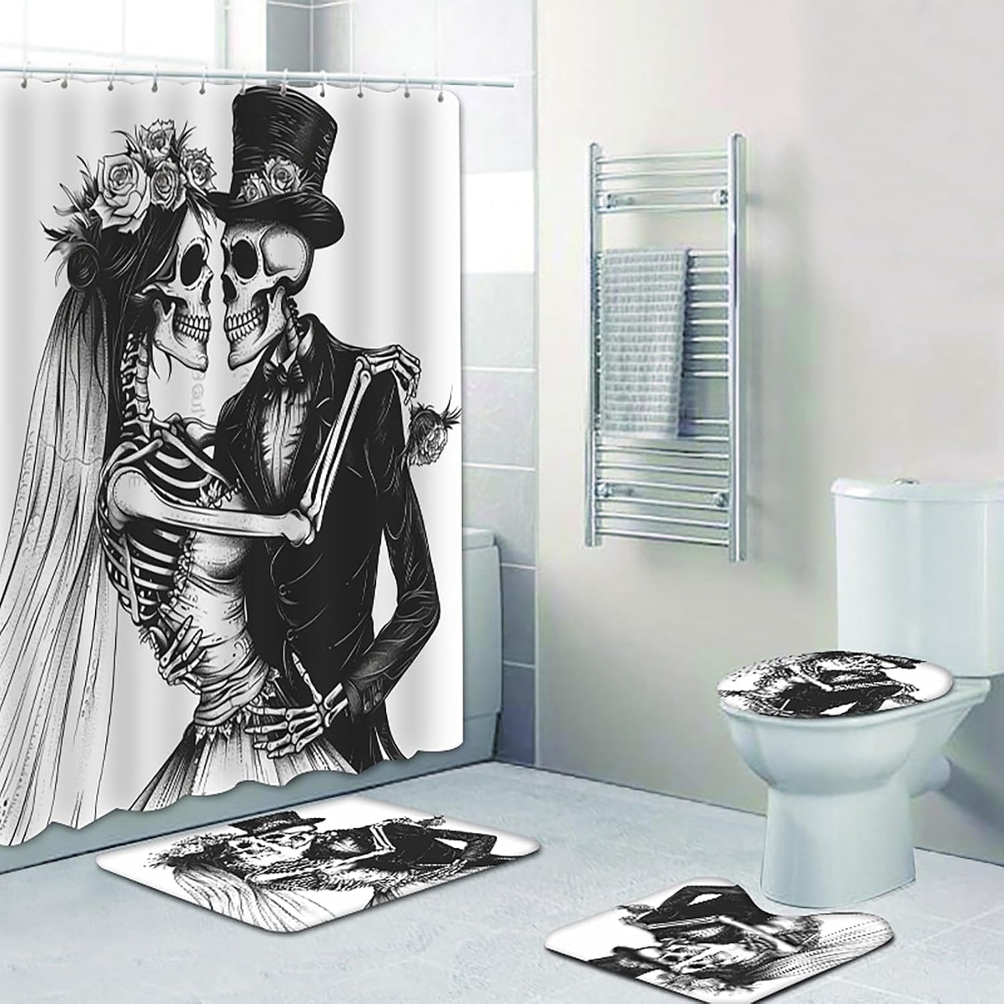 NEWSUYAA Halloween Decorations Shower Curtain Set with Non-Slip Rugs and Bath Mats,Black Skull Skeleton Bathtub Curtains with 12 Hooks,All Saints'Day (Nov 1st) Bathroom Decor