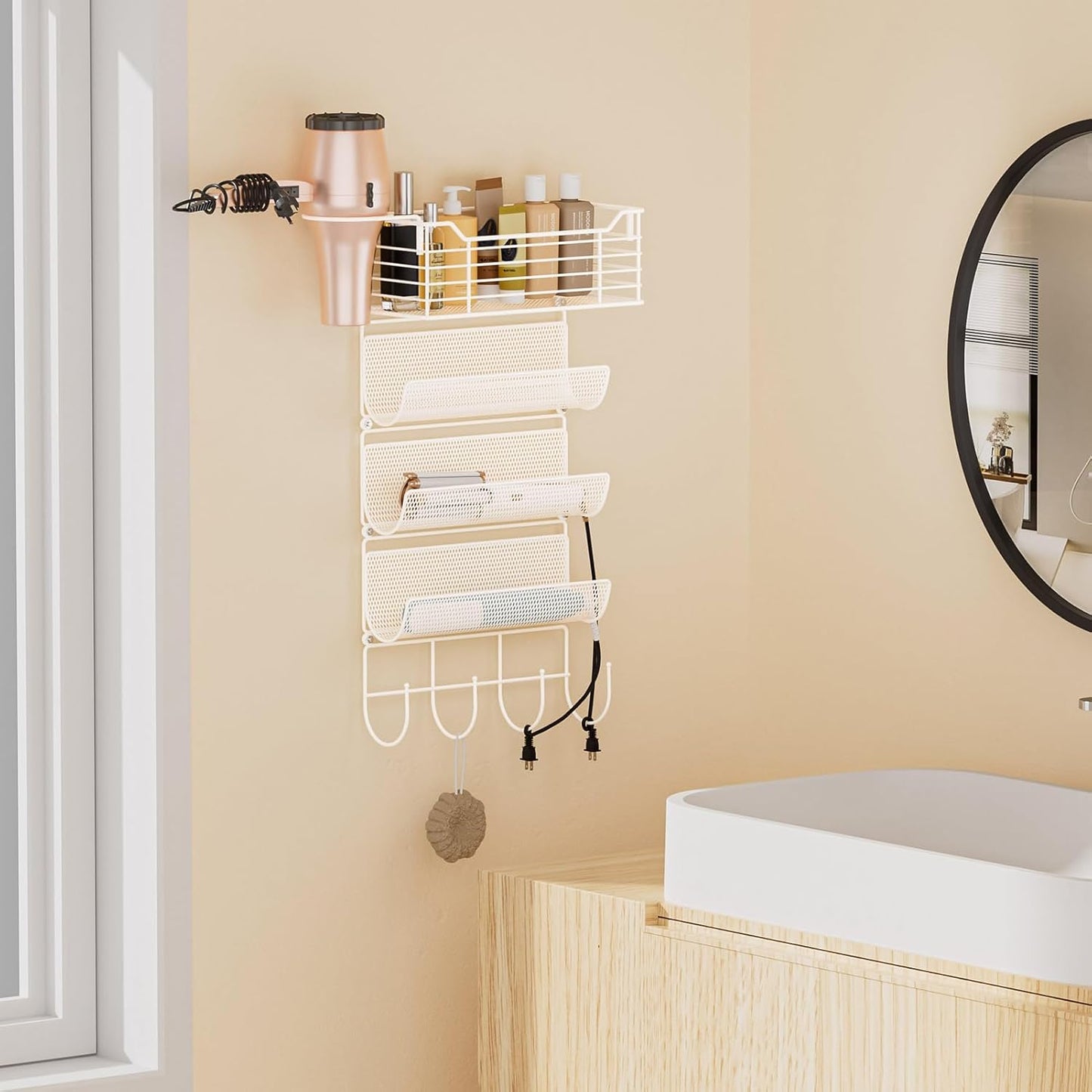 VITVITI Metal Hair Tool Organizer Wall Mount, Hair Dryer Holder with 4 Tier Shelf Basket Hooks, Bathroom Hairs Styling Tool Organizer for Curling Iron/Blow Dryer/Straightener, White