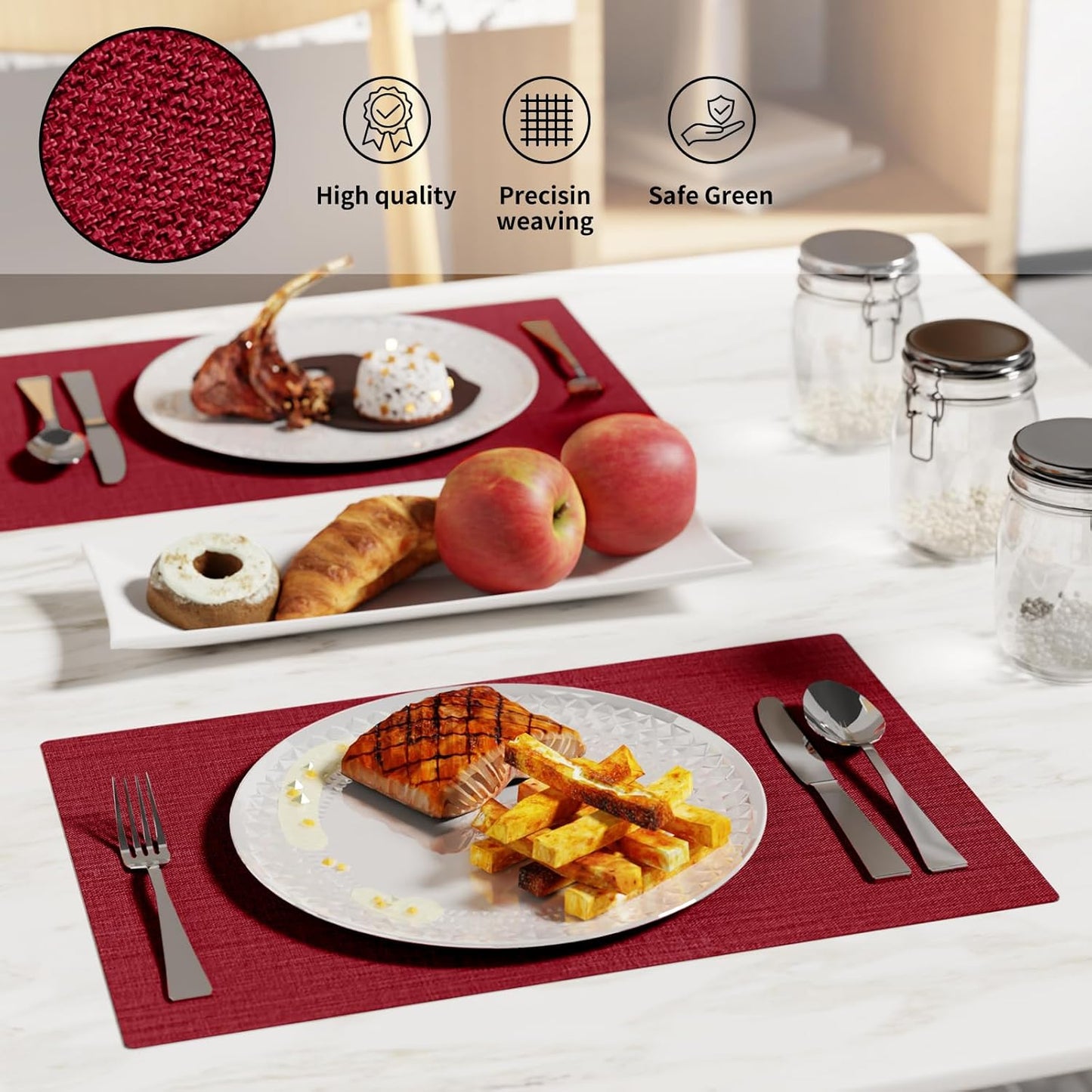 Cloth Placemats, Set of 6 Heat-Resistant Cotton Linen Blend Double Layered Machine Washable Place Mats, Wrinkle Free Thick Fabric Dining Table Mats for Indoors & Outdoors (Burgundy, 6)