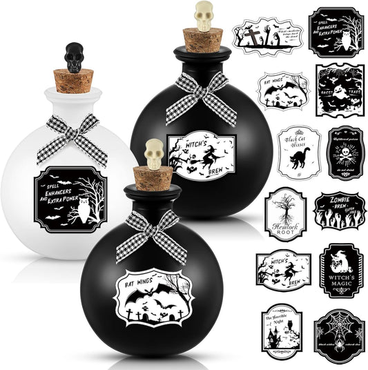 Tessco for you 3 Set Halloween Potion Bottles with Cork - Spherical Apothecary Glass Jars, 20 Gothic Labels(Ghost/Bat/Witch), Tiered Tray Decoration for Farmhouse Table, Home Indoor Halloween