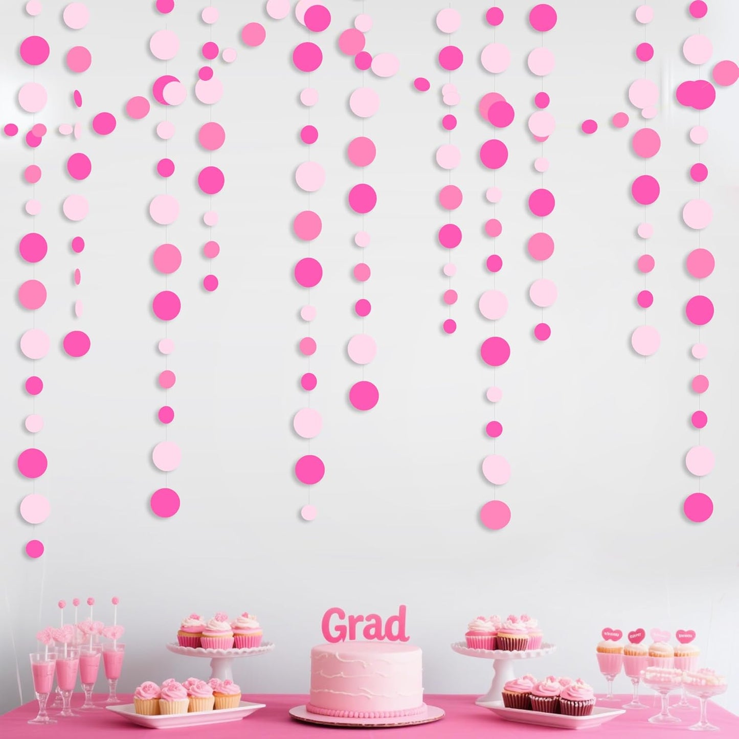 Hot Pink Party Decorations Circle Dots Garland Rose Pink White Hanging Paper Polka Dots Streamer for Birthday Bachelorette Engagement Wedding Baby Bridal Shower Anniversary Minnie Theme Party Supplies