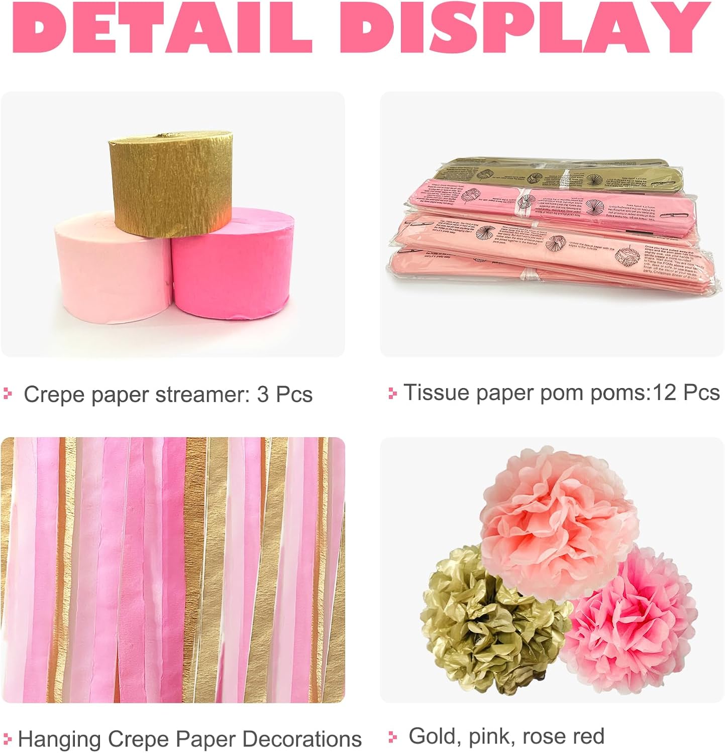 Champagne Gold Party Streamers Graduation Party Decoration - Colorful Paper Flower Pom Poms Wall Decorations for Birthdays, Bridal or Baby Showers, Weddings, Outdoor Decor