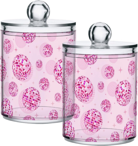2 Pack Qtip Holder Organizer Dispenser Disco Balls Pink Bathroom Storage Canister Cotton Ball Holder Container for Cotton Pads/Swabs/Floss