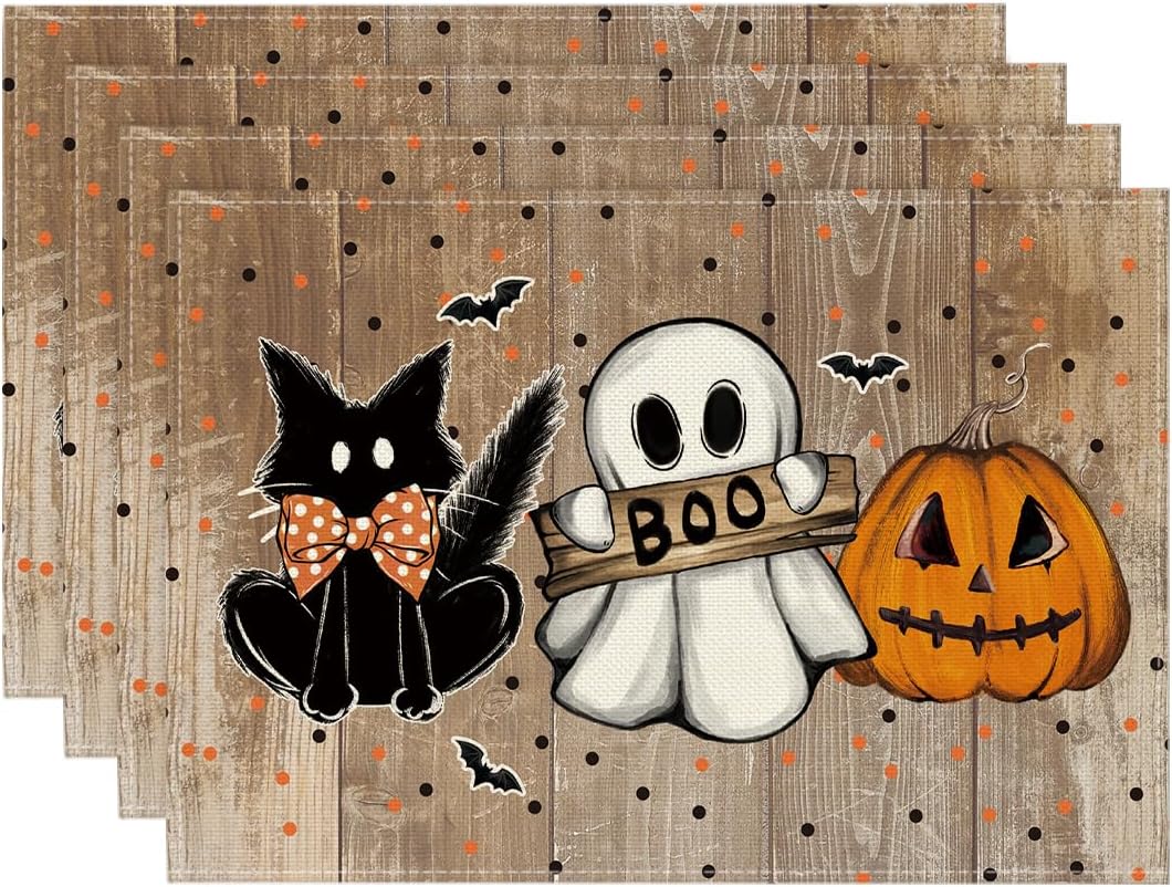 Artoid Mode Wood Polka Dot Ghost Cat Boo Halloween Placemats Set of 4, 12x18 Inch Seasonal Table Mats for Party Kitchen Dining Decoration