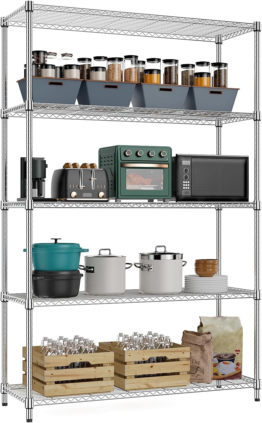 MZG 1750 lbs 5 Tier Storage Rack Metal Wire Shelving Unit, Storage Standing Household Shelf Organizer for Kitchen Pantry Closet Garage Basement Utility Room, Chrome 15.8" D x 45.3" W x 70.4" H