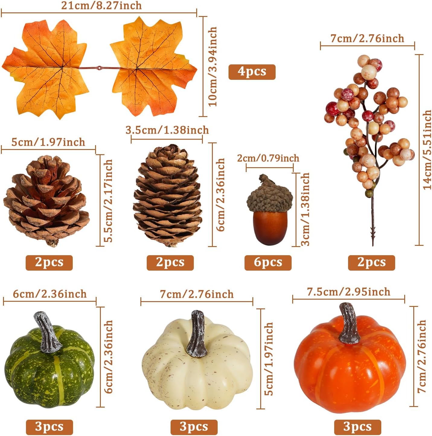 Artmag Pumpkin Decor Set, 25 PCS Fall Artificial Maple Leaves, Harvest Pumpkins, Acorns, Pine Cones and Orange Berry Stems Decorations for Fall Thanksgiving Table Decor