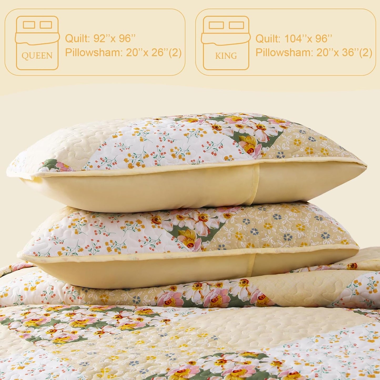 Exclusivo Mezcla Reversible Boho Quilt Set Queen Size, 3 Pieces Patchwork Yellow All Season Bedspreads, Ultra Soft Floral Coverlet Bedding Set with Printed Pattern (1 Quilt, 2 Pillow Shams)