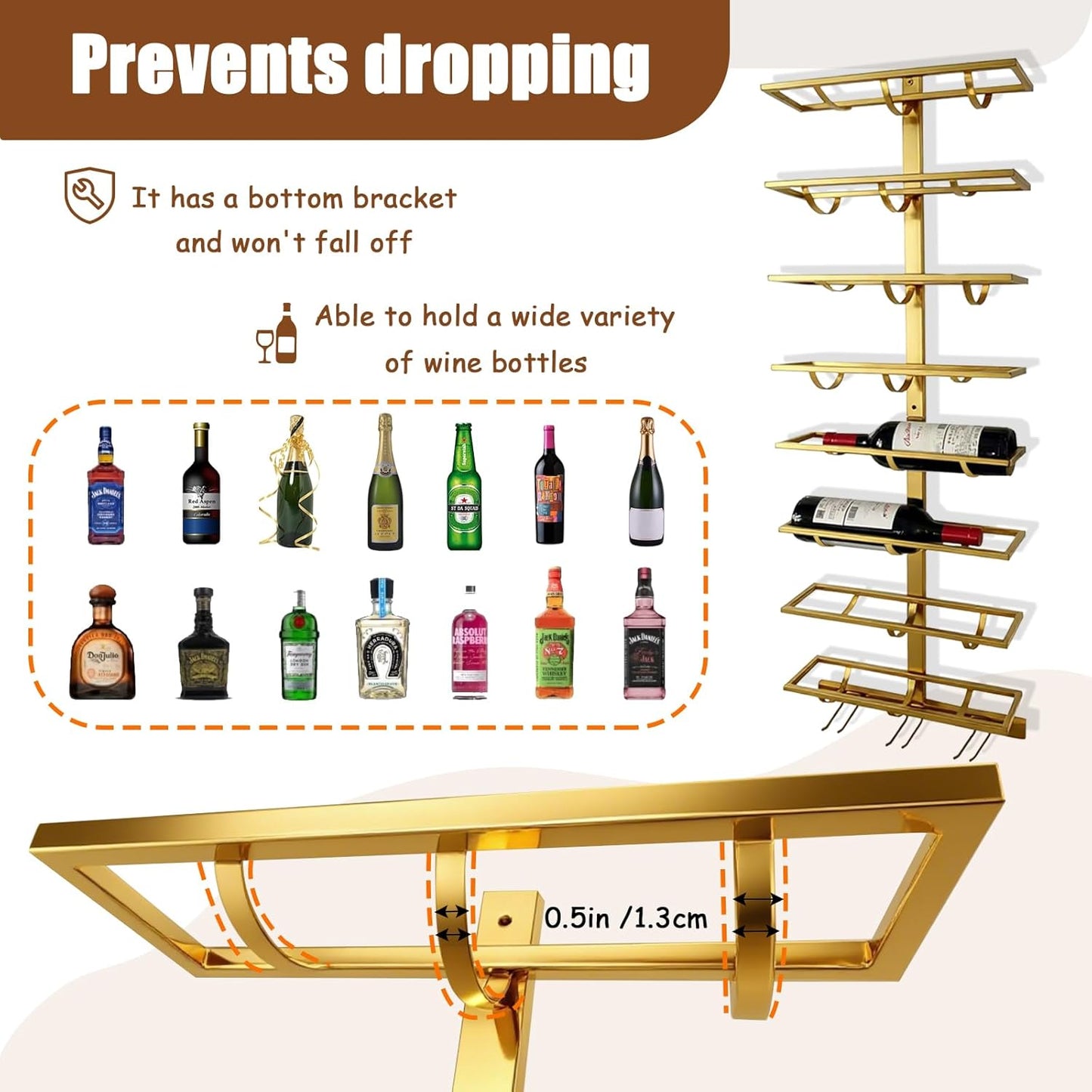 10 Bottle Wall Mount Wine Rack with Wine Glass Holder, Metal Wine Wall Rack, Wall Racks for Wine Bottles Display and Storage, Hanging Bottle Organizer for Living Dining Room Wine Cellar Bar (Gold)