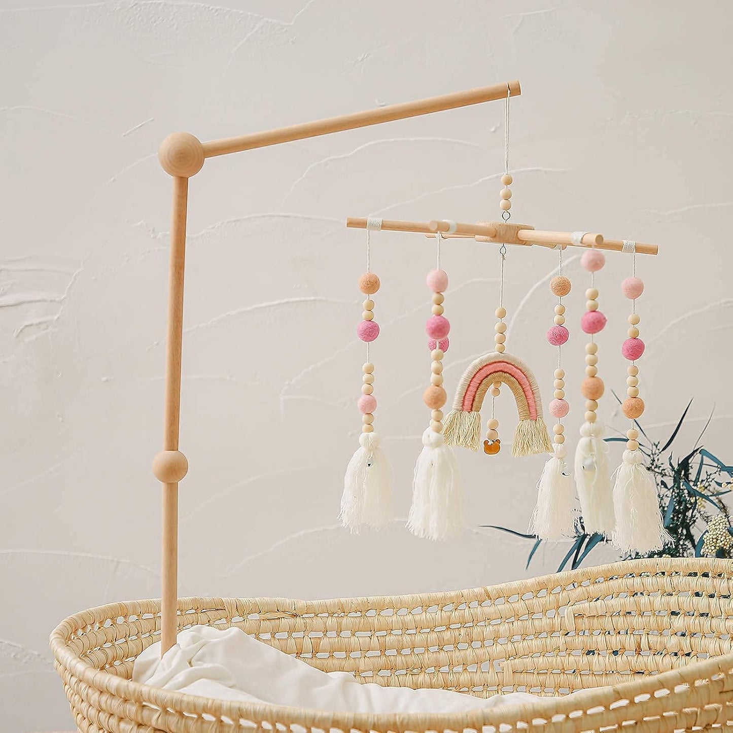 Baby 2In1 Set - Rainbow Mobile Crib Hanger,Baby Wooden Mobile Arm for Crib Baby Mobile Holder Bassinet Mobile for Crib Toy Mobile for Baby ( Pink )