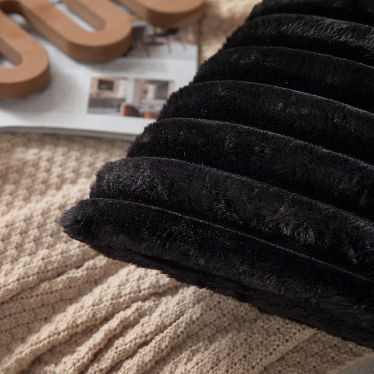 DEELAND Pack of 2,Double-Sided Faux Fur Plush Decorative Throw Pillow Covers Fuzzy Striped Soft Pillowcase Cushion Covers for Sofa Couch Bedroom Black 24x24 inch