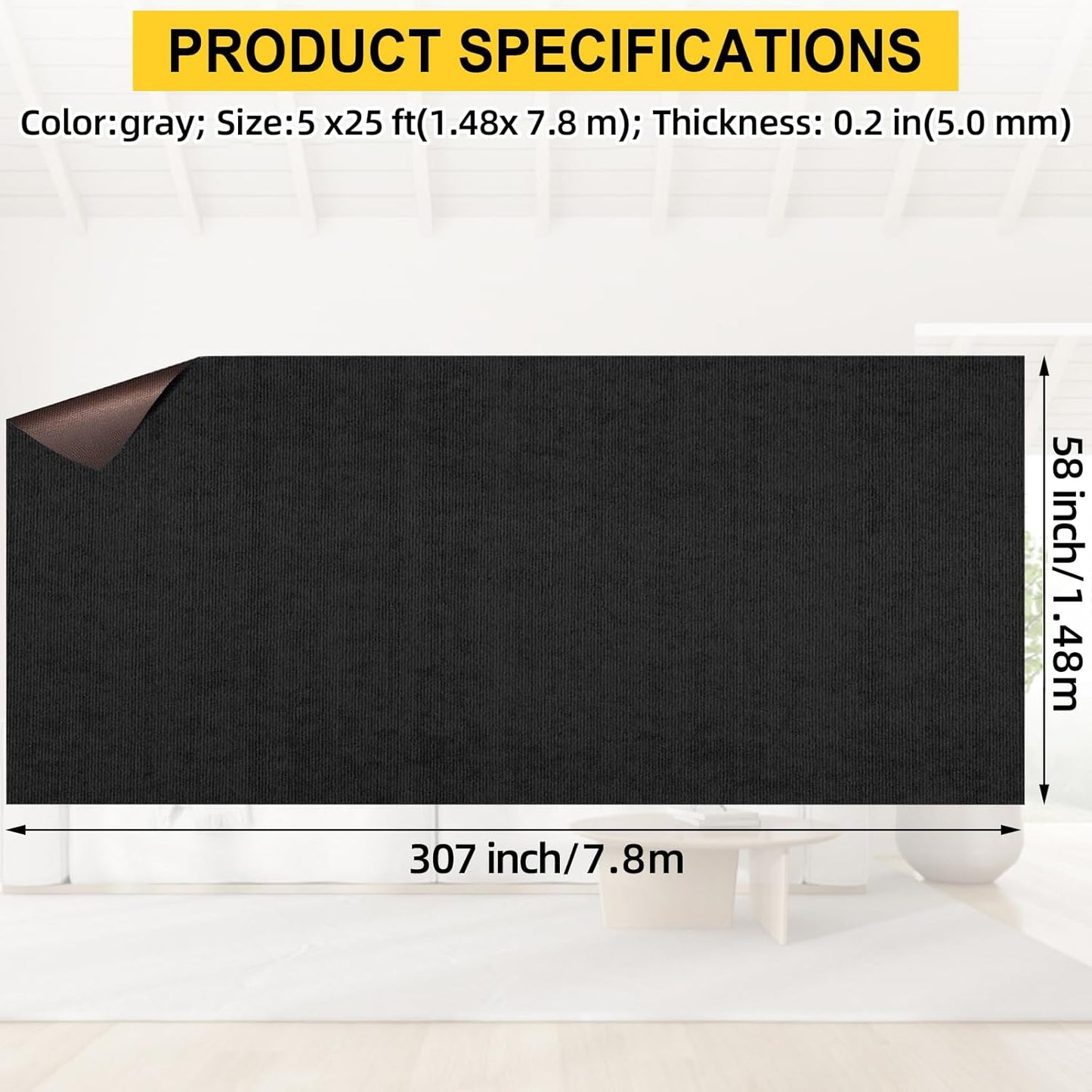 Marine Carpet, 5 FT x 25 FT Black Indoor/Outdoor Rug, 0.2" Thick, Non-Slip, Waterproof