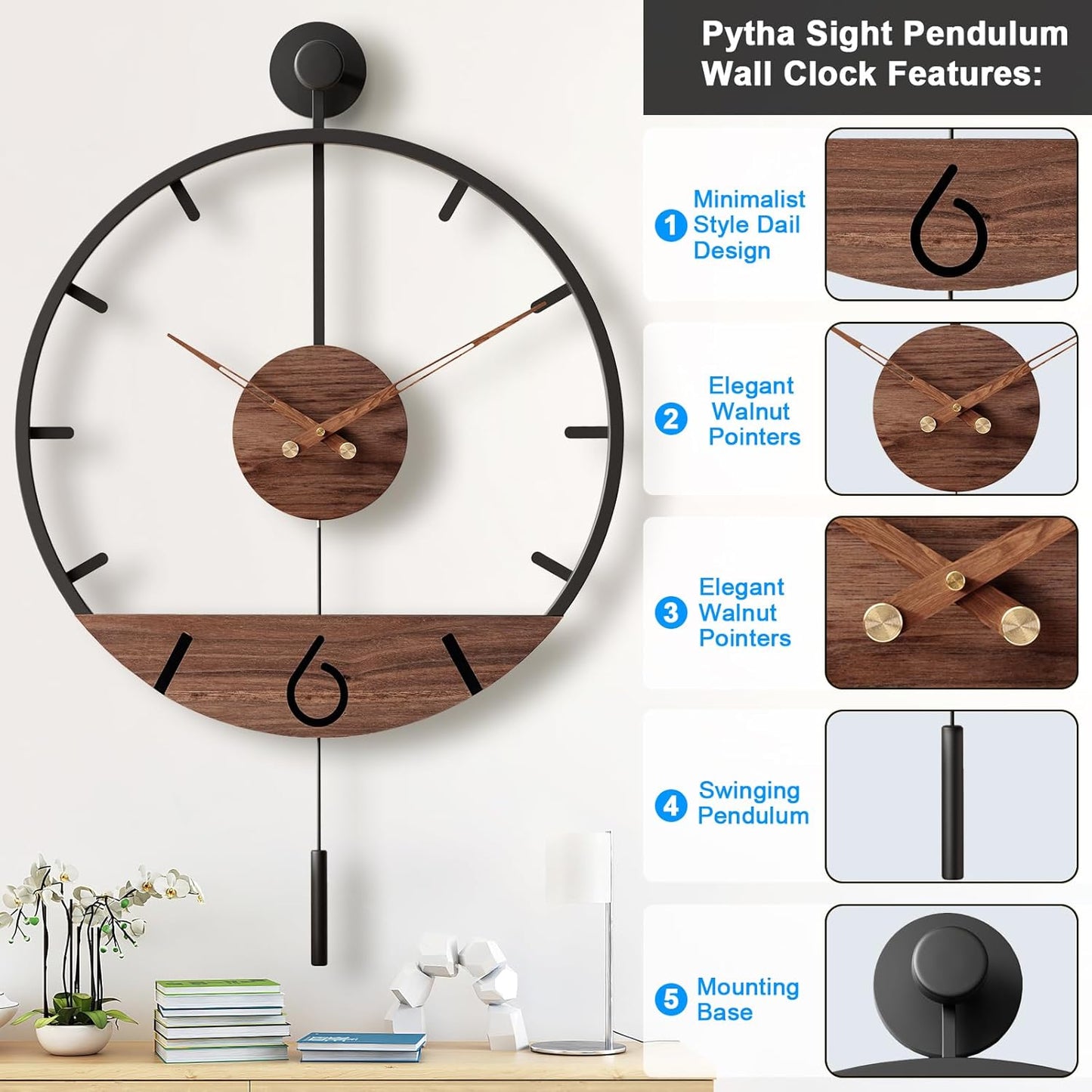 34.6×24 Inch Large Modern Decorative Pendulum Wall Clock,Big Metal Farmhouse Oversized Silent Wall Clocks Minimalist Elegant Walnut Dial Pointers for Living Room,Office,Dining Room Decor