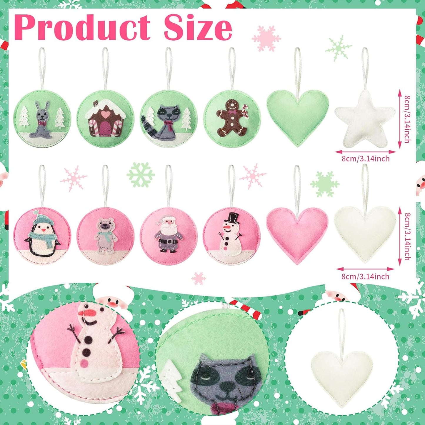 12 Pcs Christmas Felt Ornaments for Tree Santa Claus Snowman Gingerbread 3D Pink Pastel Mint Turquoise Decoration Hanging Felt Craft for Christmas Party Favors Gifts