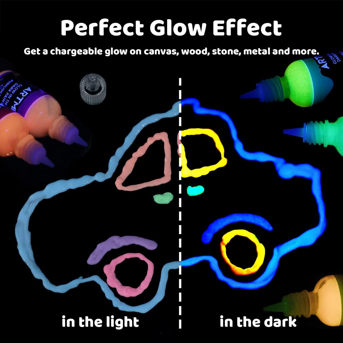 ARTME Glow in The Dark Paint, Glow Paint Set of 12 Bright Colors 30ml/1oz, Long Lasting Glow Fluorescent Perfect for Art Painting, DIY projects, Easter, Halloween, and Christmas Decorations