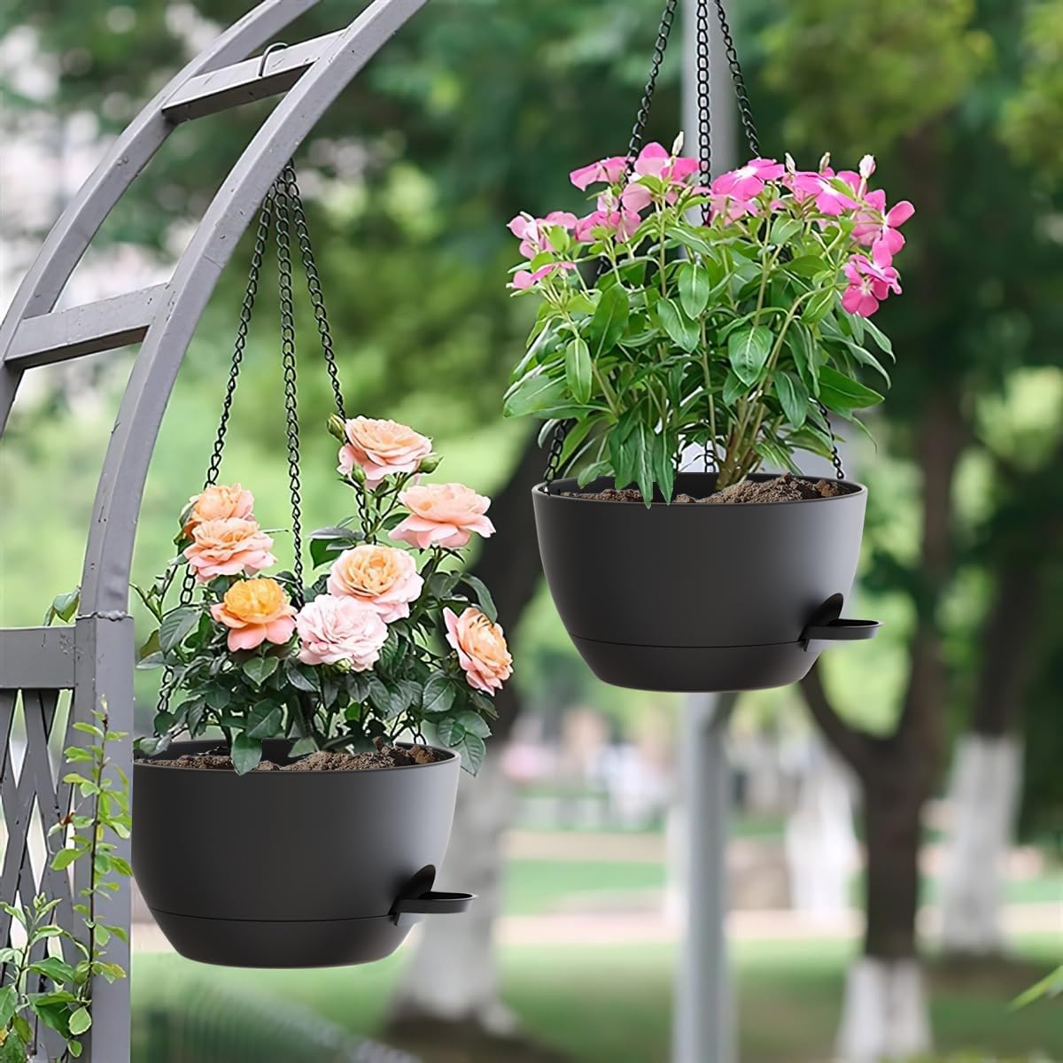 12 Inch Hanging Baskets 2 PC with Chains, Self-Watering Hanging Planters for Indoor Outdoor Plants, Plastic Hanging Flower Pots,Black