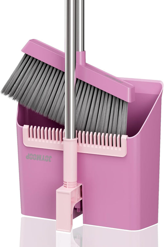 JOYMOOP Pink Broom and Dustpan Set, Upright Angle with Built-in Comb Teeth for Kitchen, Lobby, Pet Hair and Hard Floors