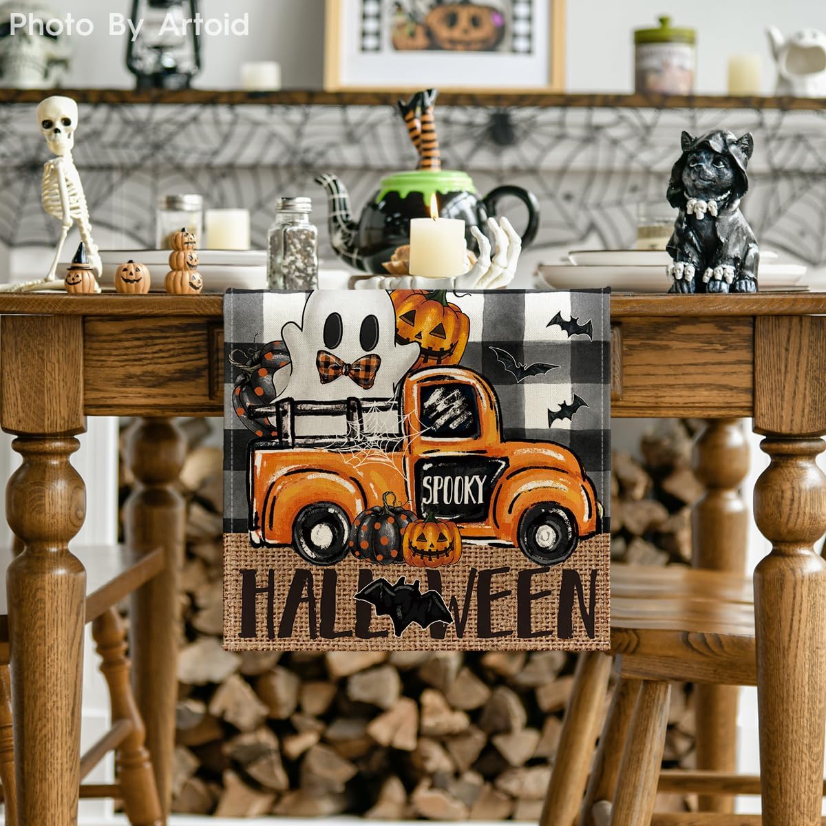 Artoid Mode Buffalo Plaid Bat Pumpkin Ghost Truck Spooky Halloween Table Runner, Sensonal Kitchen Dining Table Decoration for Home Party Decor 13x60 Inch