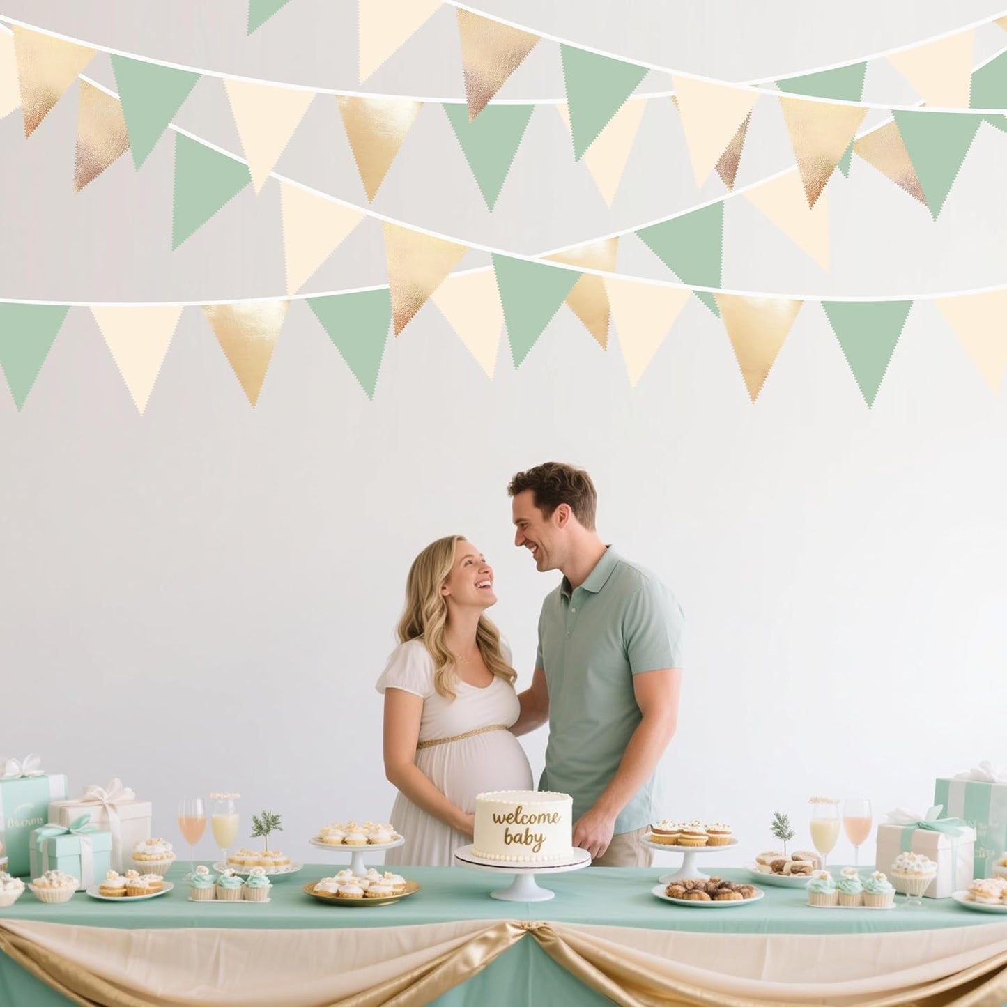 Sage Green Beige Champagne Gold Party Decorations Metallic Fabric Triangle Pennant Banner Bunting Flag Garland for Baby Shower Birthday Wedding Engagement Bridal Shower Graduation Decoration Supplies