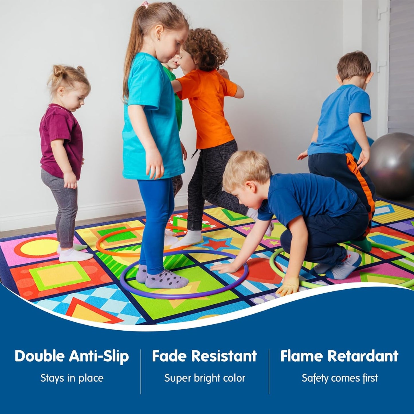 Booooom Jackson Seating Classroom Rug for Kids Room Seating Décor, 7'54''x13'12'' Vibrant Geometric Patterns Large Preschool Carpet Seating Rug for Teaching and Playroom, Non-Slip Rubber Backing