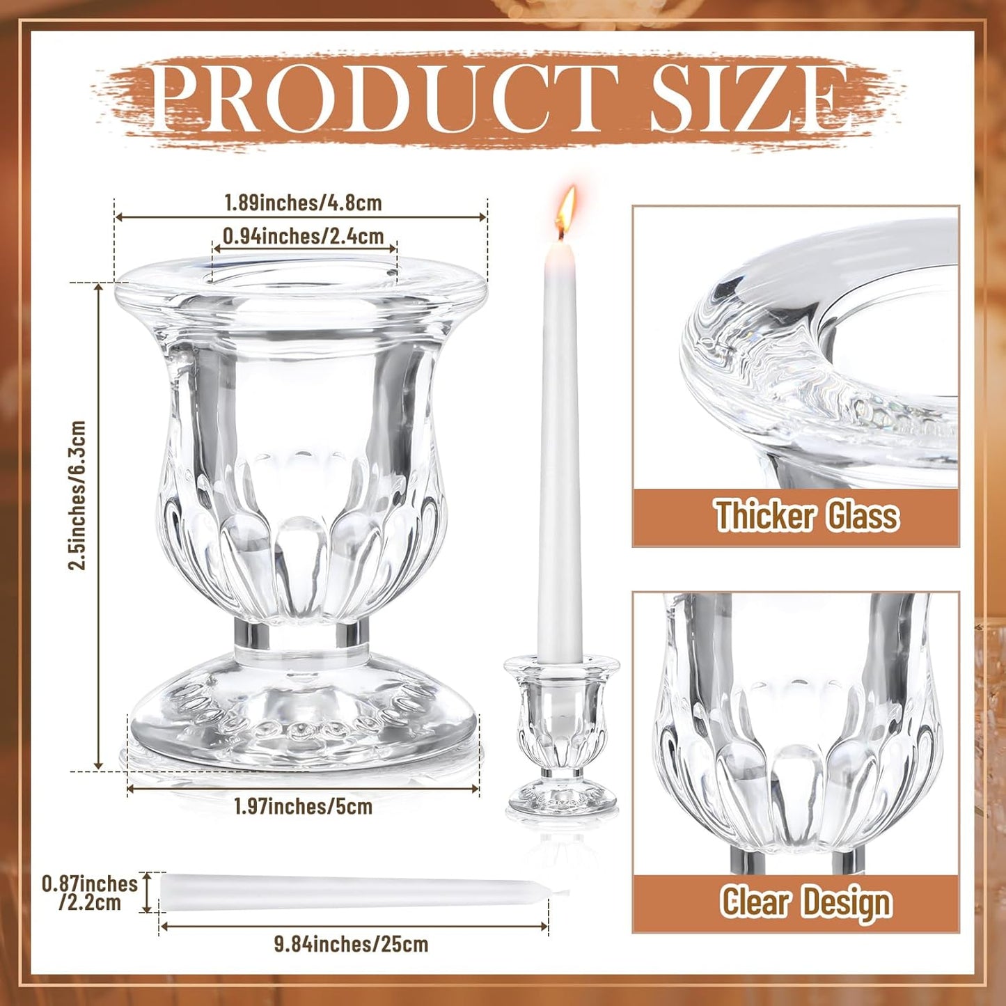 48 Pcs Glass Taper Candle Holders Bulk 2. 5 Inch Clear Candlestick Holder with Long Tapered Candles Candle Sticks Set for Table Centerpiece Wedding Christmas Party Decoration