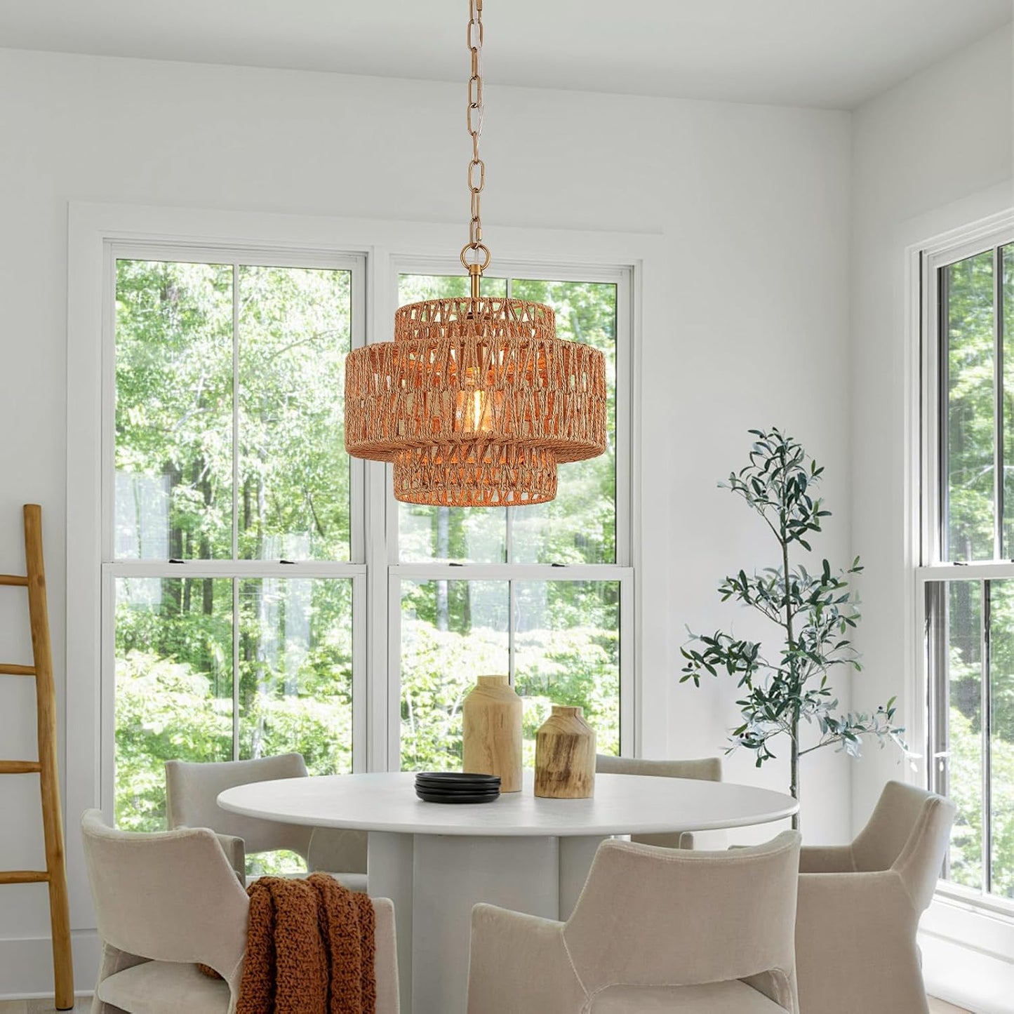 12.6" Hand-Woven Rattan Pendant Light Fixture Vintage Farmhouse Boho Bamboo Pendant Lighting Mini Drum Wicker Rattan Golden Chandelier for Kitchen Island, Bedroom, Dining Room, Entryway, Foyer