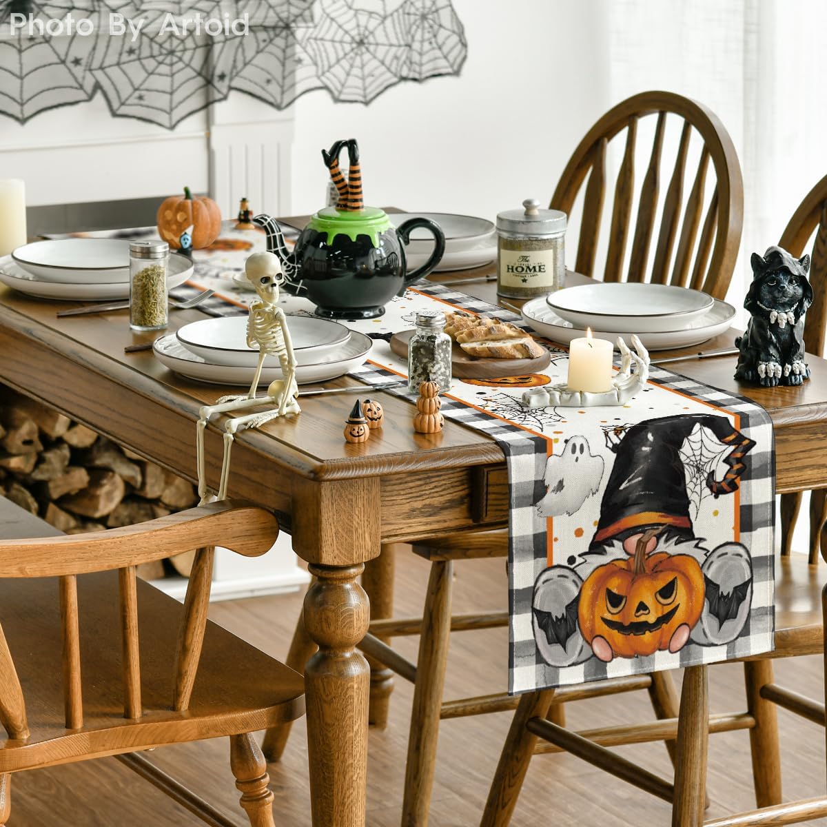Artoid Mode Buffalo Plaid Gnome Bat Pumpkin Ghost Halloween Table Runner, Sensonal Kitchen Dining Table Decor for Home Party 13x108 Inch