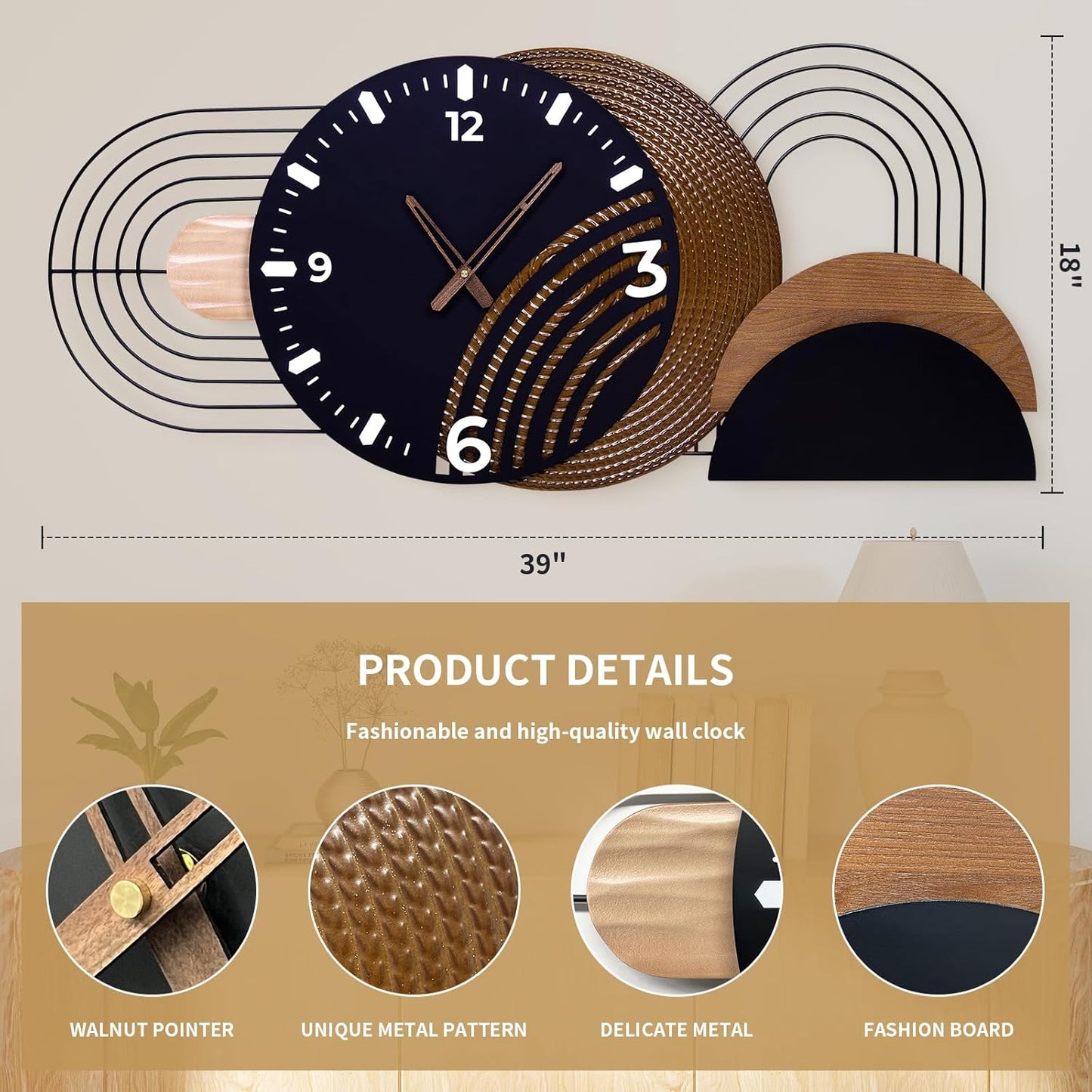 Extra Large Wall Clock, Modern Iron and Metal Decorative Clocks for Living Room, Silent Non-Ticking Big Hanging Clock, Battery Operated Wall Decor Gift Idea-39.3X17.7inch