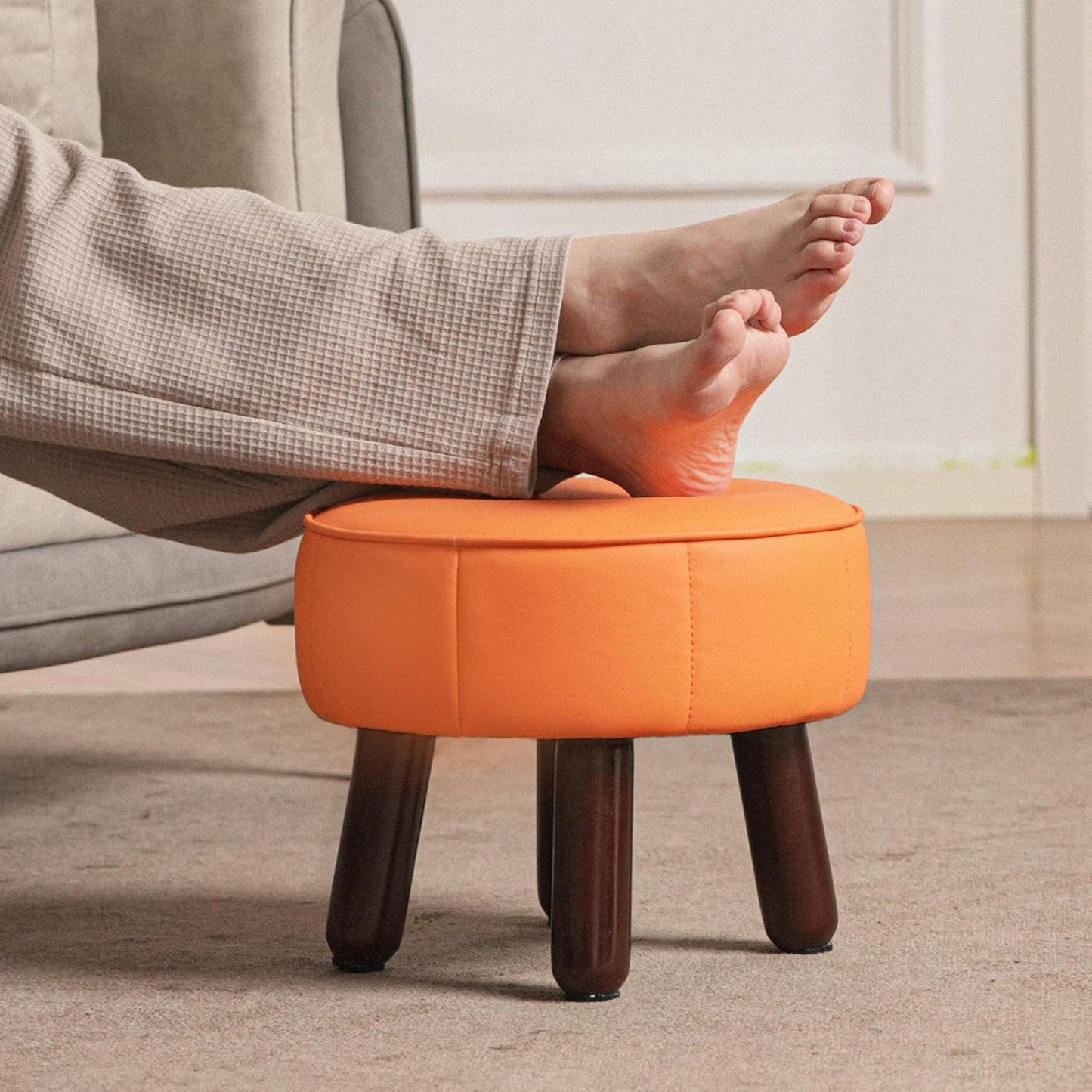13in Small Foot Stool Ottoman, Round Faux Leather Foot Rest for Couch, Under Desk Pouf Footstool Footrest with Non-Skid Rubber Legs for Ling Room, Bedroom, 13''L x 13''W x 10.2''H, Orange