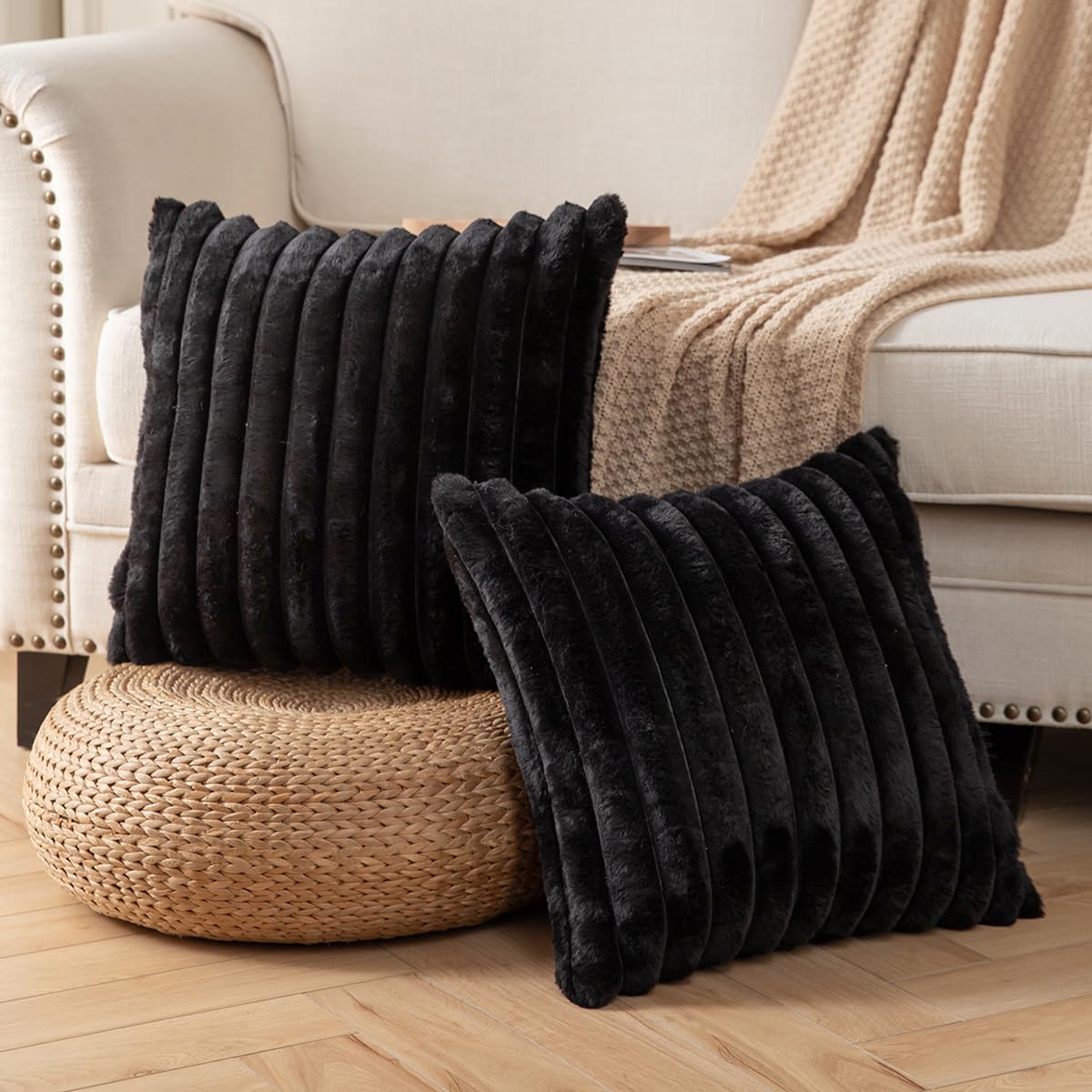 DEELAND Pack of 2,Double-Sided Faux Fur Plush Decorative Throw Pillow Covers Fuzzy Striped Soft Pillowcase Cushion Covers for Sofa Couch Bedroom Black 24x24 inch