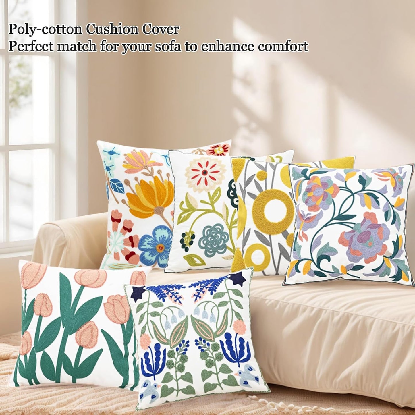 Embroidered Pillow Cover Colorful Farmhouse Floral Cushion Case Farmhouse Jacquard Throw Pillow Covers for Living Room Couch Vibrant Bloom