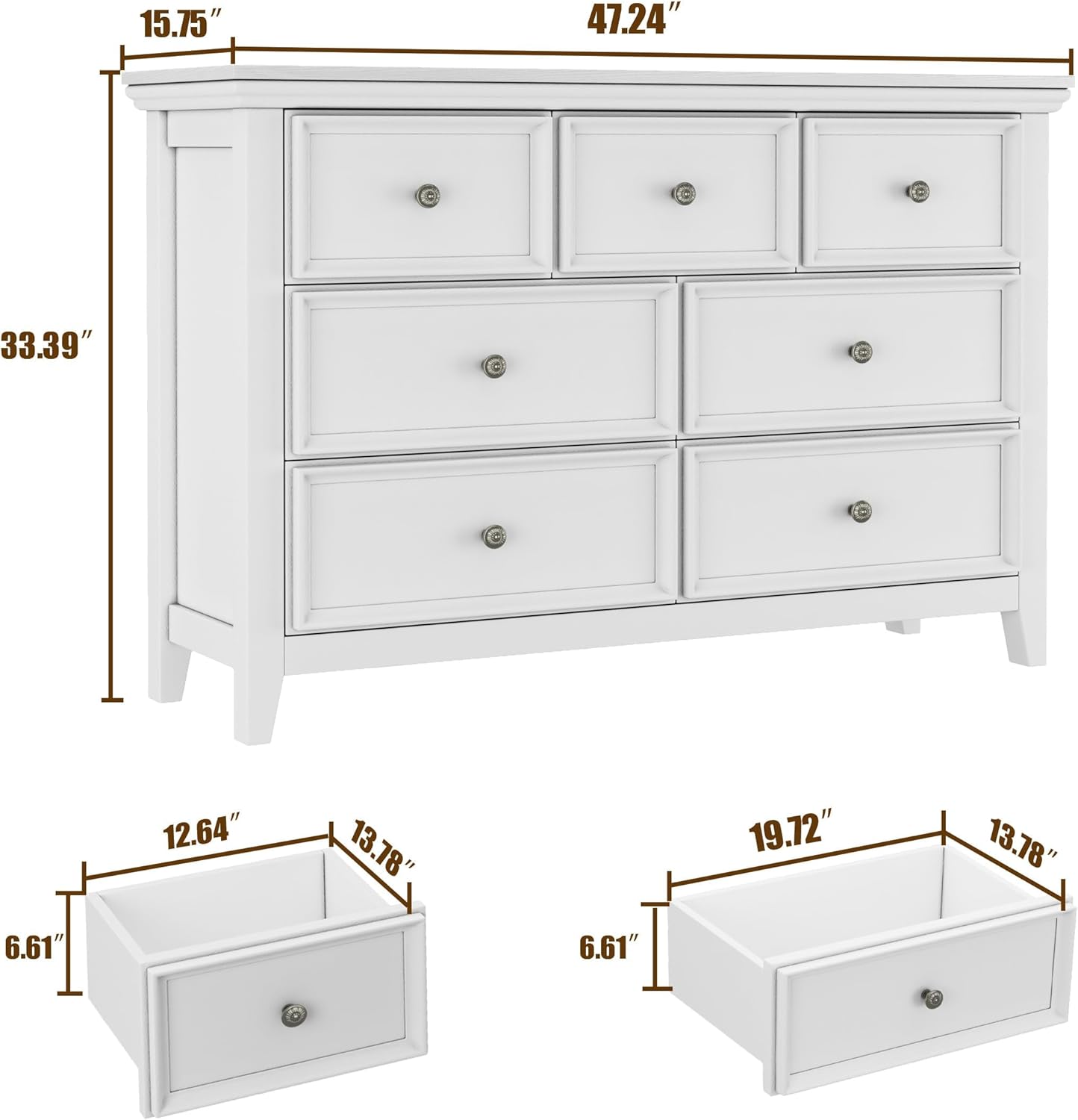 BLANKSPACE White 7 Drawer Dresser, Modern Dresser for Bedroom, Wood Drawer Organizer with Metal Knobs, Large Capacity Wood Cabinet for Bedroom