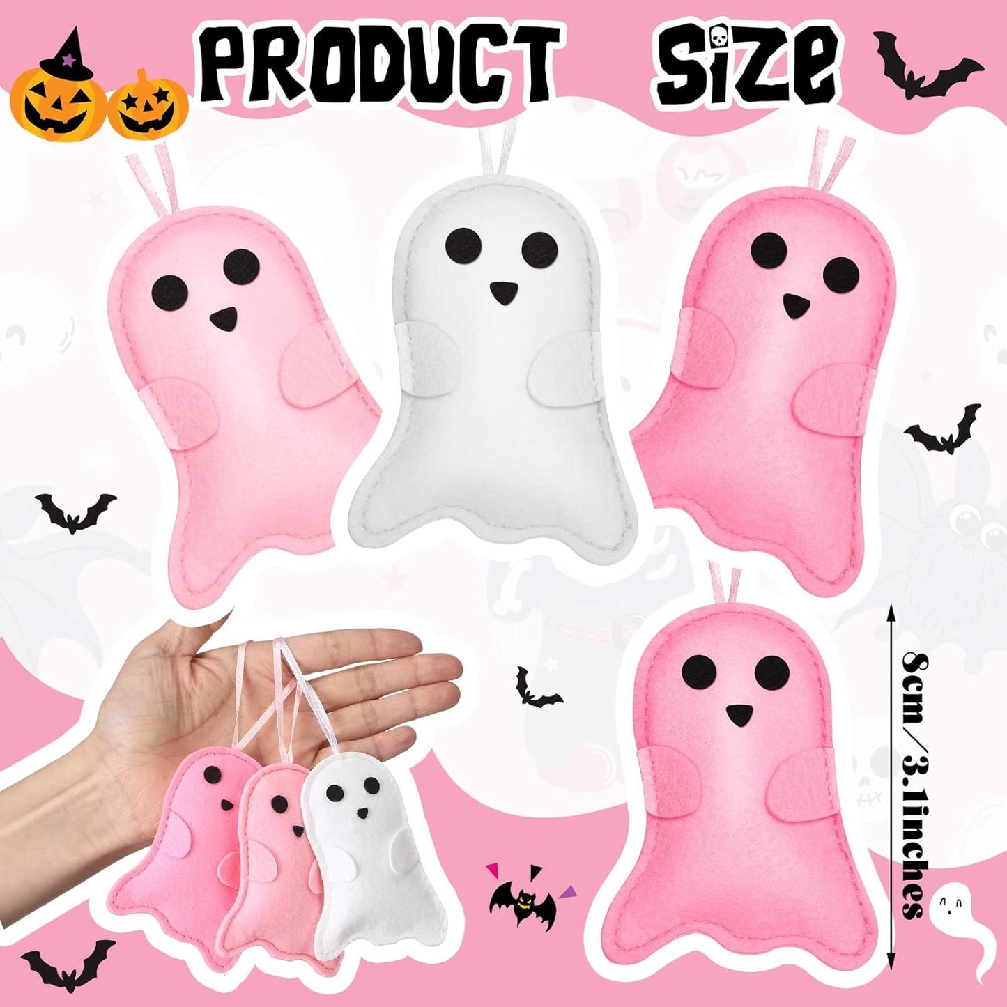 12 Pcs Pink Halloween Felt Ornaments Cute Ghost 3D Hanging Ornaments 3.15 Inch Pink White Halloween Tree Decorations for Small Tree Party Decor